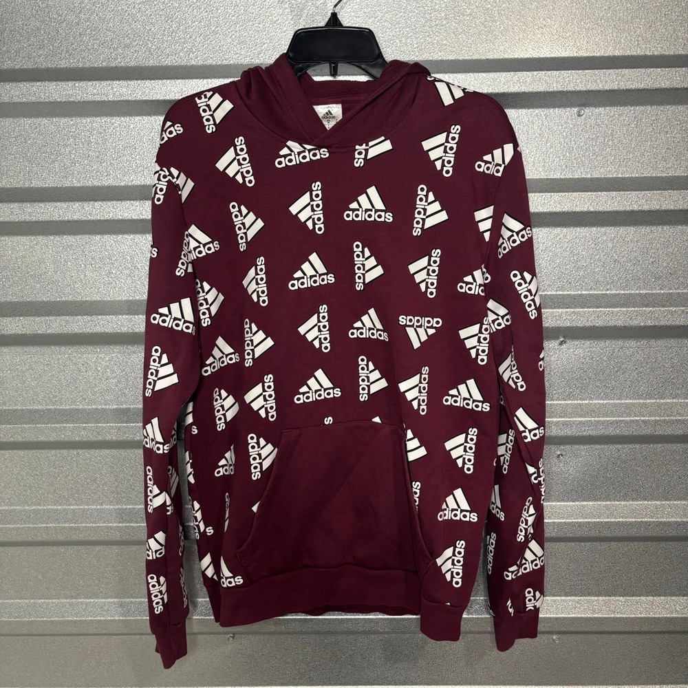 Adidas Men's Medium Burgundy Allover Logo Pullover Hoodie Maroon